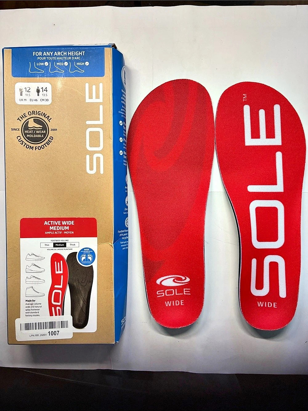 SOLE Active Medium Insoles - Custom Moldable. Mens Size 12/Women 14